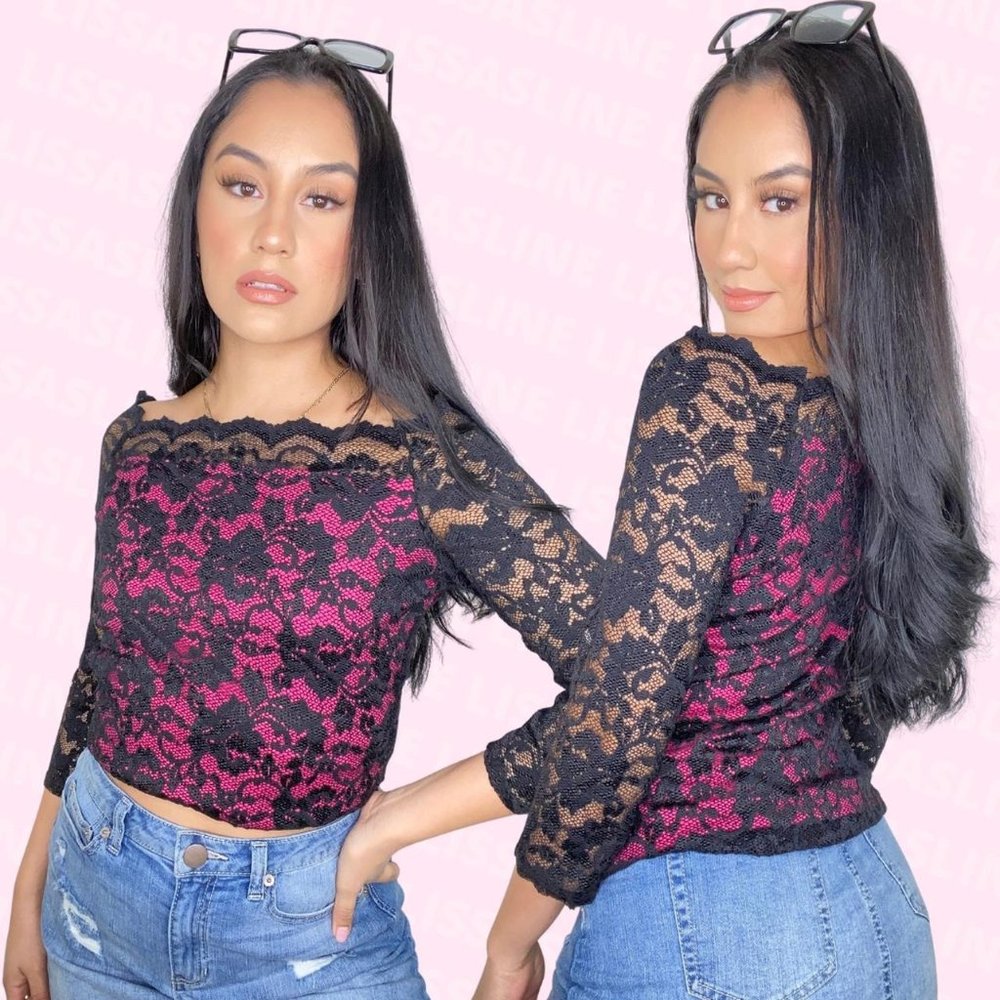 Y2K girly grunge neon fuschia pink and black lace long sleeve top size small